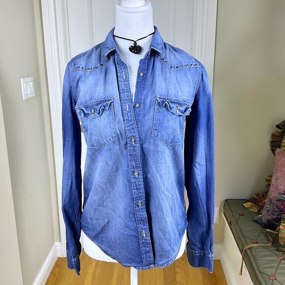 Garage Shirt Denim Studded Cotton Logo Button Front Pockets Western Grunge (XS) - Picture 1 of 7